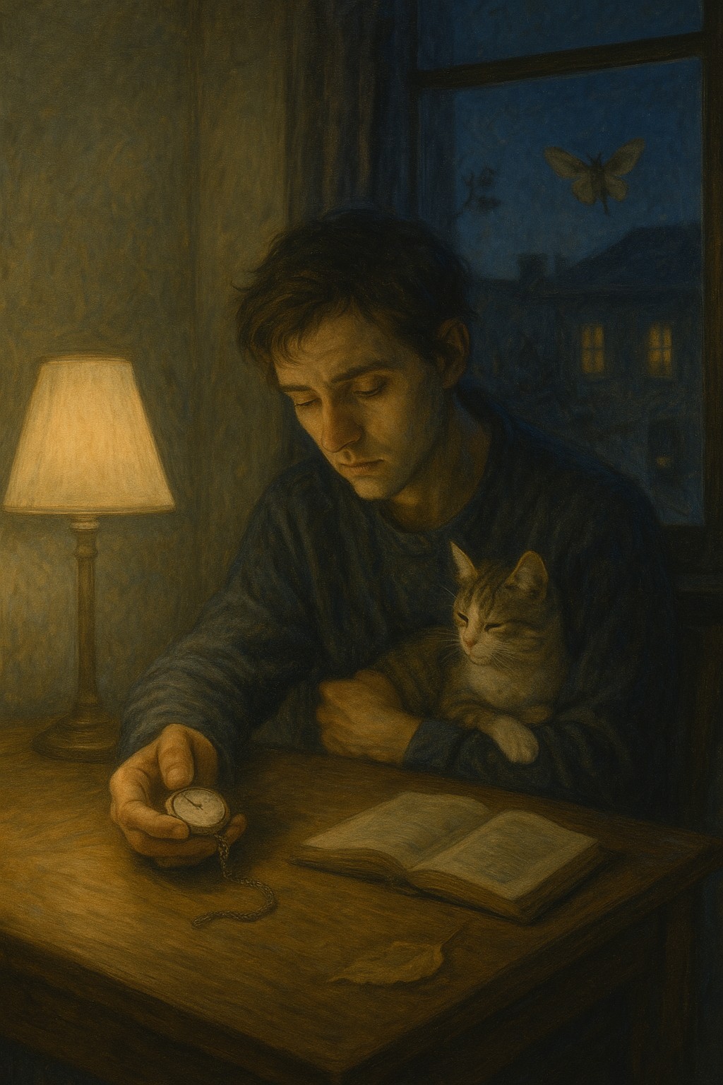 男人在時間的褶皺裡,坐在書桌前,抱著小花猫,手拿著懷錶在思念著什麼