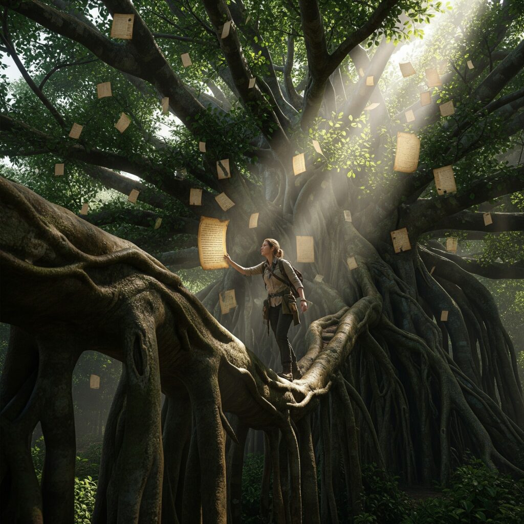 台灣山林深處的文學神木 這幅作品旨在創造一種「在真實的台灣山林深處,發現了文學精神化為實體神木的震撼瞬間」的感受。它不再是一幅純粹的寓言畫,而是一張能夠喚起探索慾、充滿故事張力、讓觀者打從心底相信「這奇蹟或許真的存在」的頂級攝影傑作。