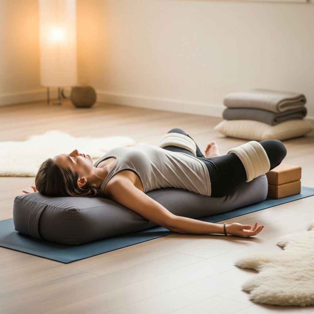 陰瑜伽（Yin Yoga）使用瑜伽抱枕（bolster）和毛毯等輔具，舒適地進入並安住於一個深度伸展的體式，例如支撐躺姿蝴蝶式（Supported Reclining Butterfly Pose / Supta Baddha Konasana）。人物的身體完全放鬆，臣服於地心引力和輔具的支撐，體現了陰瑜伽被動、深層、靜定、長時間停留的特點，以及它所強調的「陰性能量」——沉靜、內省與涵養。