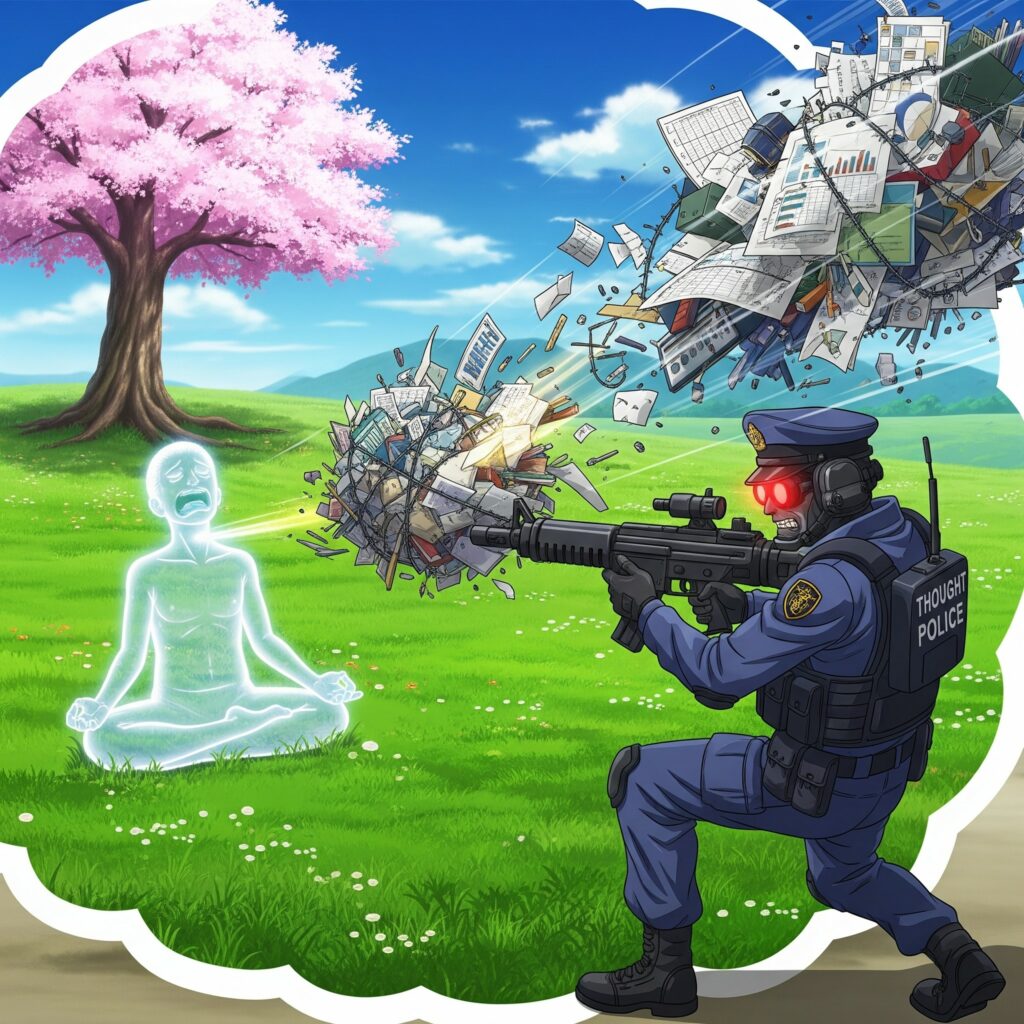 「你很閒嗎？」從一句帶有監視意味的問句，升級成一場由「思想警察」所發動的、對「精神休息」的暴力清除行動。將「放空」這個行為，直接定義為需要被「獵殺」與「摧毀」的罪行。那顆即將爆炸的「工作彈」，完美地詮釋了這句話如何粗暴地終結了員工寶貴的休息時間，並強行將他拉回痛苦的現實。