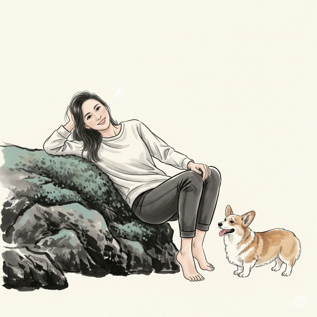 怡然自在的樣子 女子依在石頭傍休息,怡然自在的樣子,有隻狗在看著主人。AI生成圖