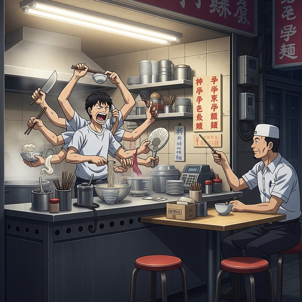 「年輕人多學一點是好的。」這句幹話，用一場「員工過勞到長出三頭六臂，老闆在旁當成豐功偉業來展示」的超現實鬧劇來呈現。那個長出八隻手的、疲於奔命的員工，將會是這句幹話之下，最令人心酸的形象。