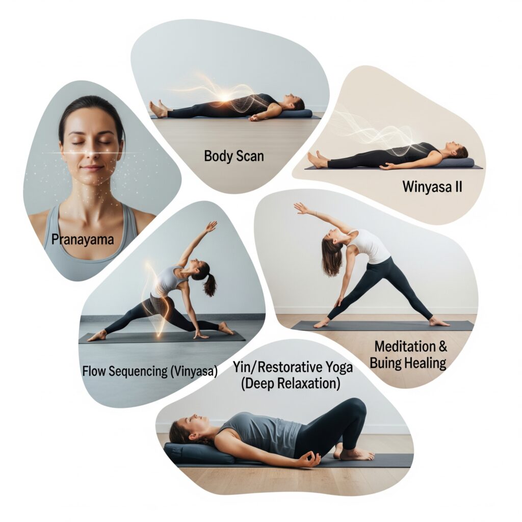 圖面有五種瑜伽動作 圖面有五種瑜伽動作,Pranayama (呼吸練習)、 Body Scan (身體覺察) 、Vinyasa Flow (心流串連) 、Yin/Restorative Yoga (陰瑜伽或修復瑜伽) 、Meditation & Sound Healing (冥想與頌缽音療),能快速「焦慮緩解」