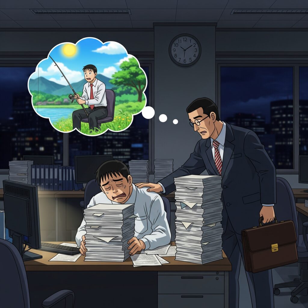 無止盡的加班和堆積如山的公文，老闆只有一句「辛苦了」，就留下還在加班的員工離開，想像哪時才可有自己的休閒，去郊外釣魚？