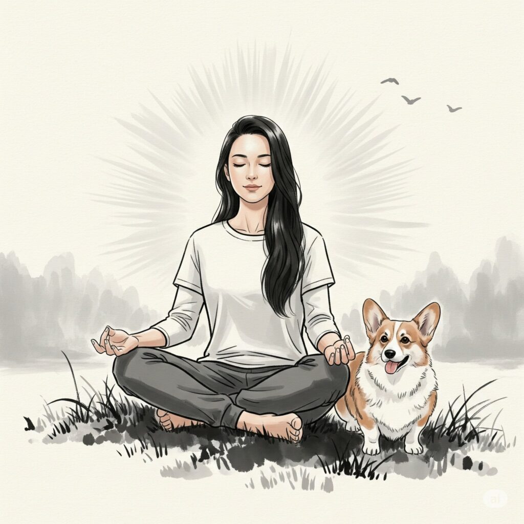 身心靈 現代女子在打坐冥想,旁邊有隻柯基狗陪伴。AI生成圖。