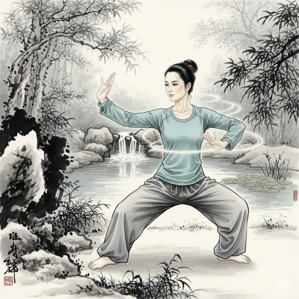 身心靈合一 女子在傳統中國林園中打太極運動。AI生成圖
