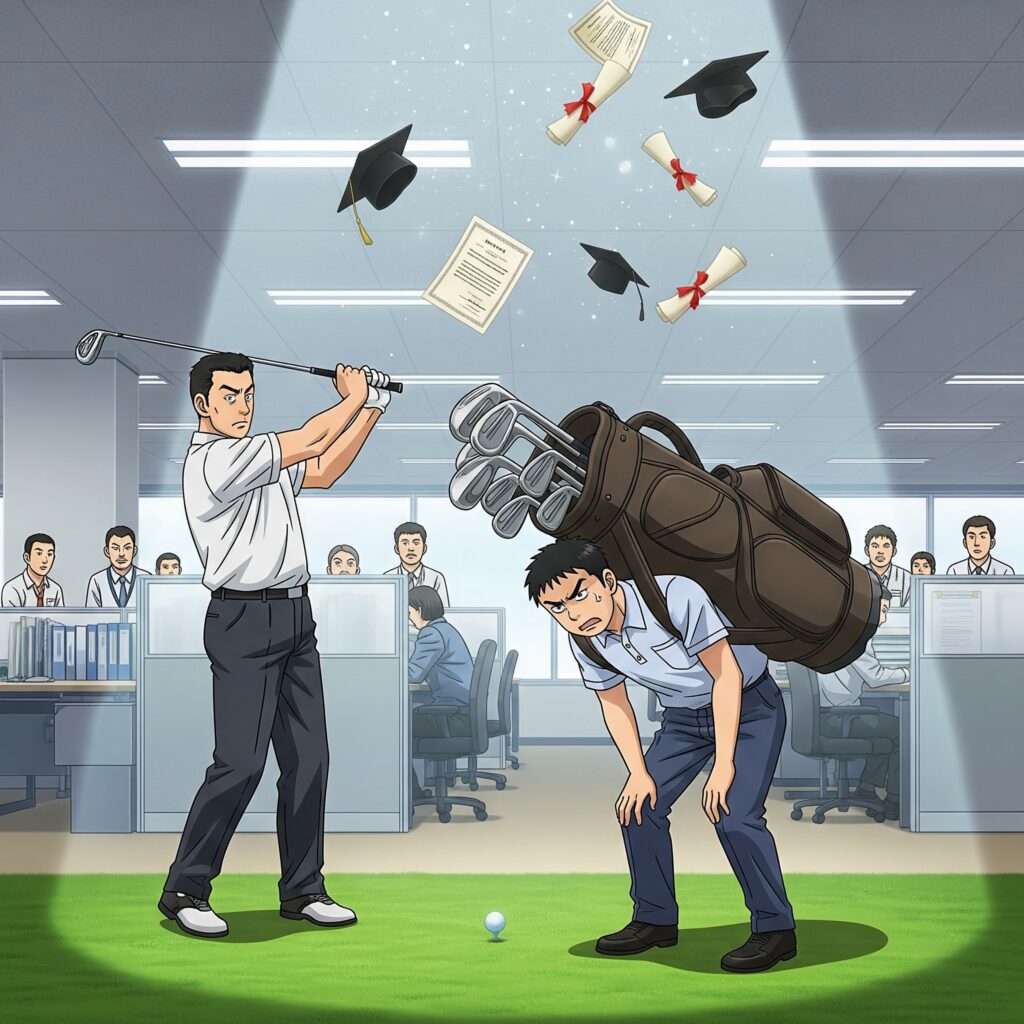 讓你做這個是給你機會學習！在一個正常的辦公室裡，酷似老闆，正意氣風發地練習著高爾夫球揮桿。而員工則扮演著桿弟的角色，背著一個巨大沉重的高爾夫球具袋，臉上充滿了不滿與憤怒。最諷刺的是，光束中，還飄浮著許多閃閃發光的畢業證書與博士帽，完美地嘲諷了老闆口中那所謂的「偉大學習機會」，其實不過是濫用職權的雜事。