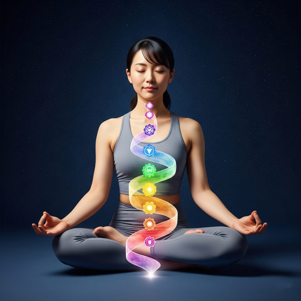 野性的瑜伽 女子在做瑜伽,開啟脈輪能量的循環性示意圖。AI生成