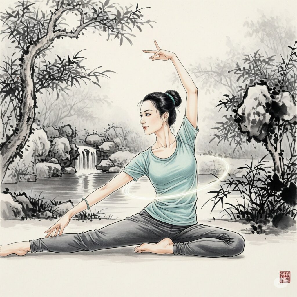 健康的內在革命 女子透過運動和瑜伽,伷展身體,達到身心合一的境界。AI生成