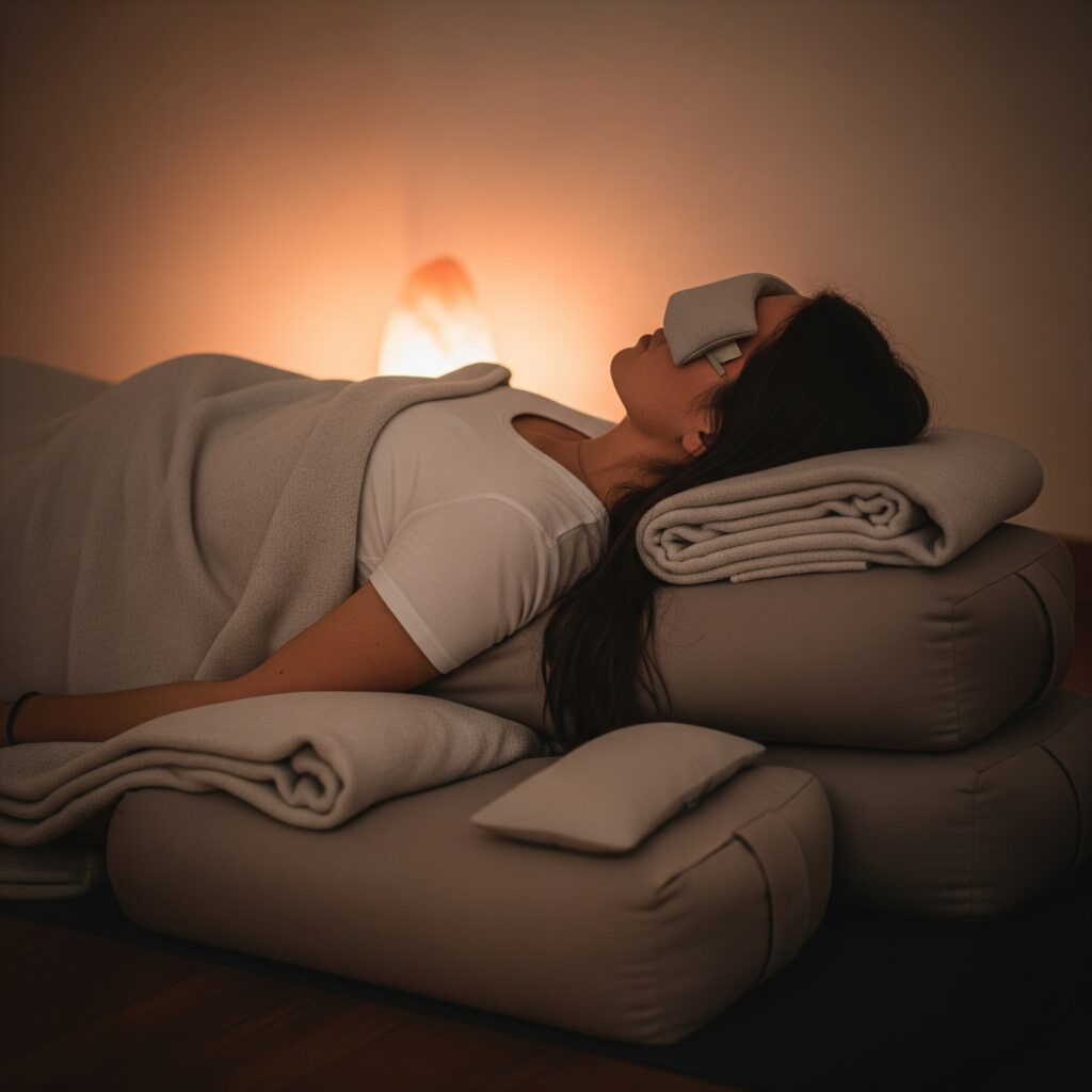 修復瑜伽（Restorative Yoga）一位練習者在一個極度平靜、溫暖且光線昏暗的療癒空間裡，透過大量的輔具（如多個瑜伽抱枕、毛毯、眼枕等）被「極致支撐」著，舒適地安住在一個修復體式中，例如「支撐仰臥開胸式」或精心佈置的「大休息式」。人物的身體完全被動、沒有任何肌肉的費力，呈現出「完全放鬆」與臣服的狀態。
