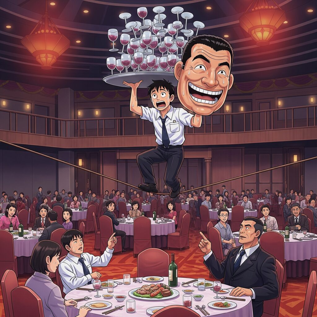 「面子」與「關係」的文化底蘊，其重量將「為主管做面子」，轉化為一個具體的、戴在頭上的巨大面具，這個面具的微笑，與底下員工的驚恐表情，形成最強烈的反差。