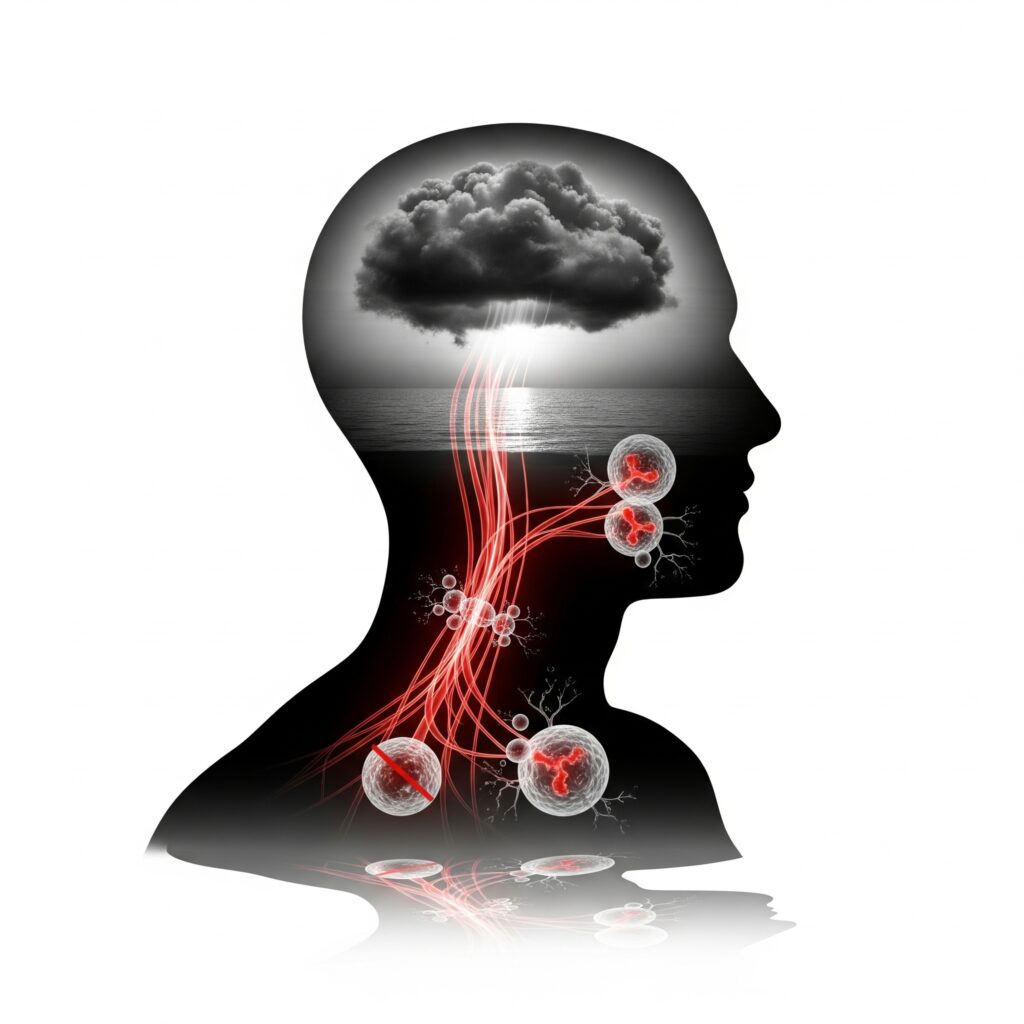 我心裡是如何生病的？圖中以人形輪廓為基礎，描繪了無形的心理壓力（腦中的烏雲）如何透過神經與內分泌系統（向下的線條），對免疫功能（受損的免疫細胞）產生實際的、可測量的影響，將抽象的心理體驗轉化為有形的生理現實。