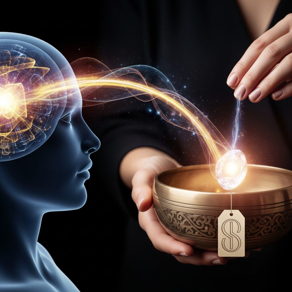 「敲碗好生意」 「敲碗好生意」一雙優雅、專業的手(代表療癒師或品牌),正將這股無形的「能量流」,「注入」一只精美的頌缽之中。