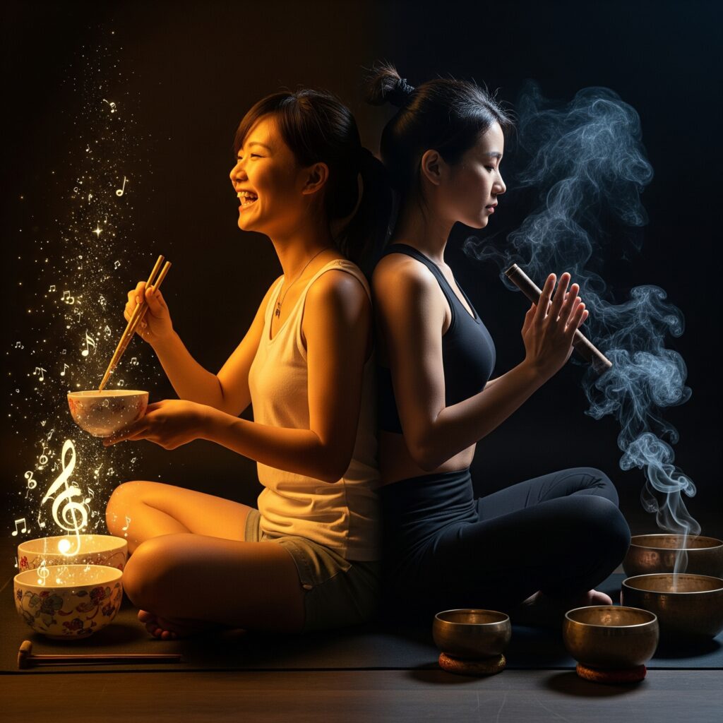 敲碗好生意 敲碗好生意,兩位年輕的女性背對背而坐,她們的世界與內心風景,正以一種詩意的方式相互交融。左邊的她手中的筷子輕敲瓷碗,飛舞發光音符;右邊的她專注而內斂她面前的頌缽,忘我進入冥想境界。