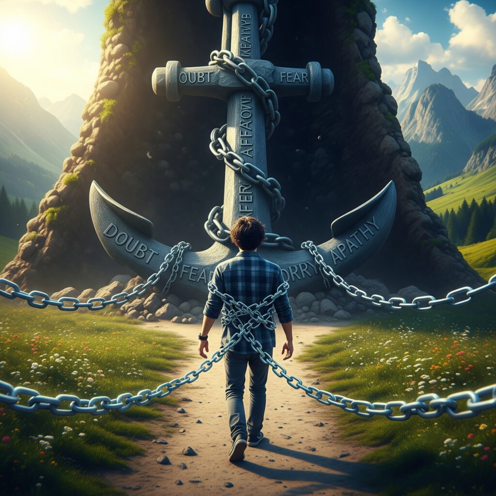 我怎麼知道心理生病？圖中的人想在人生的道路上繼續前行，卻被一個刻著「懷疑」、「恐懼」和「冷漠」等字詞的巨大暗影之錨牢牢困住。