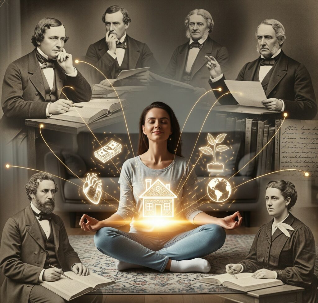 顯化的過程 一位充滿自信與力量的現代女性。 她正處於一個顯化的過程中,周圍環繞著代表她內心渴望的、發光的符號(例如:象徵財富的金幣、象徵健康的植物、象徵愛的心形等)。