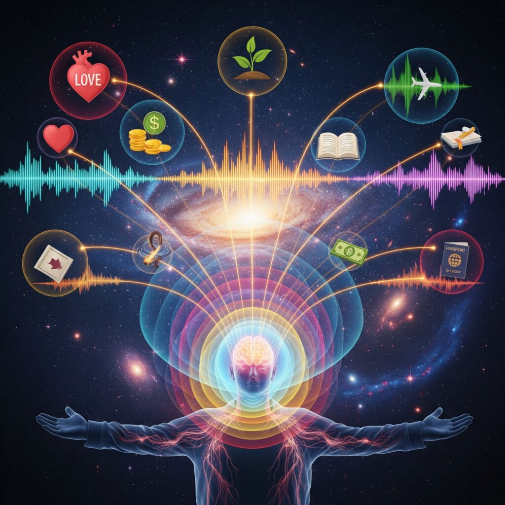 頻率相同的符號產生共鳴 一位處於冥想或專注狀態的人。從他/她的身上,正散發出一圈圈由不同色彩構成的、層次分明的能量場,這代表著他/她當下整體的「振動頻率」。