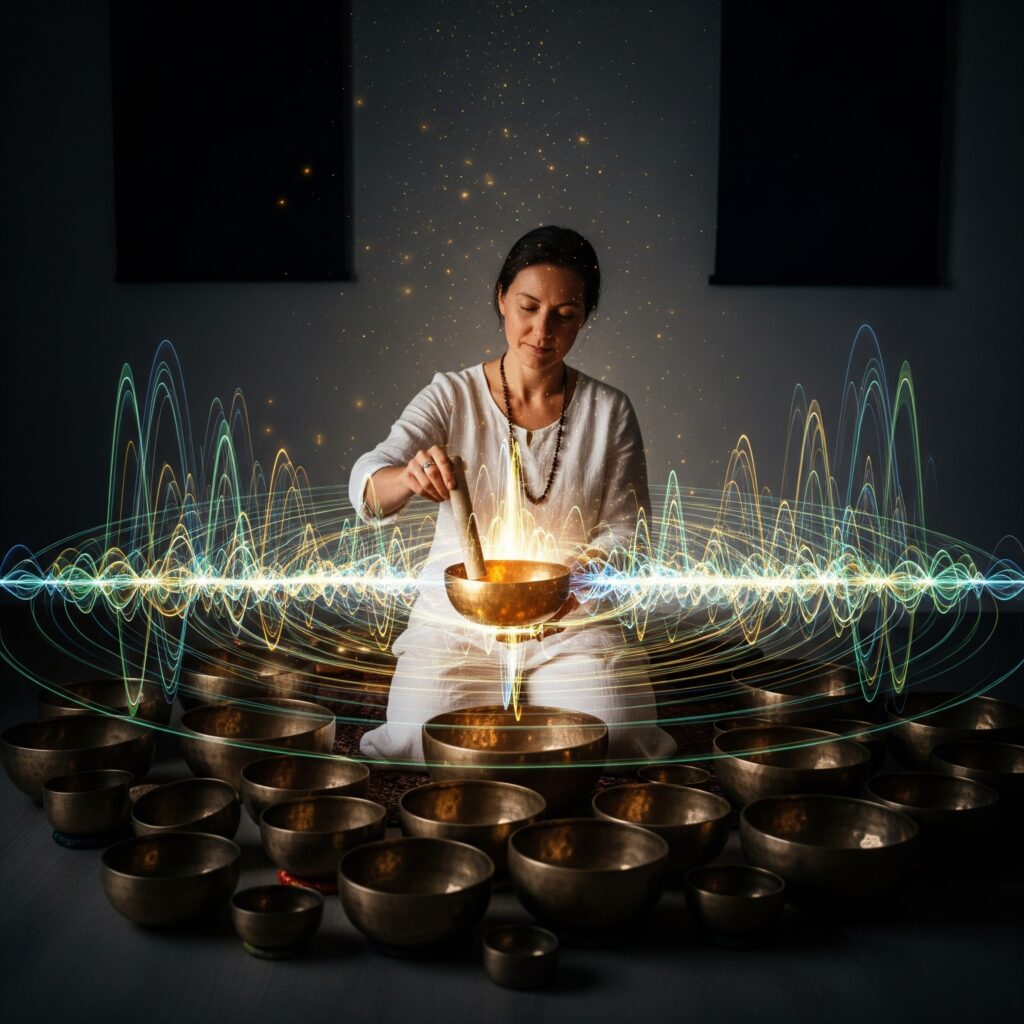 頌缽音療 女頌缽音療師在發出各式頌缽的音頻意象圖。